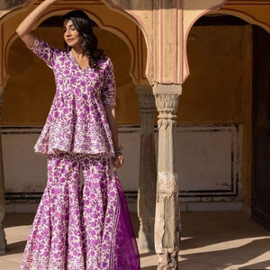 AAFREEN-Ensemble Sharara décontracté en coton à imprimé blocs pour femme, robe évasée à manches mi-longues pour femme - Product Image 1