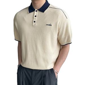 Polo pour homme en patchwork contrasté, col marine et corps beige, été - Product Image 1