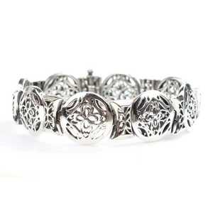 14K Gold and 925 Sterling <b>Silver</b> Antique Flower Pattern <b>Bracelet</b> with Diamond Pearl Religious Style Tennis <b>Charm</b> Tennis Gift - Product Image 4