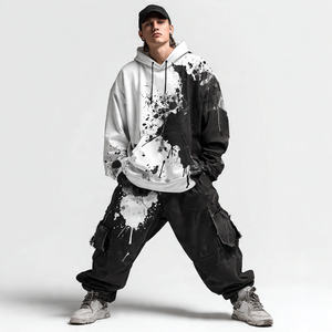 ชุดวอร์มฤดูหนาวทรงหลวมสไตล์ Acid Wash สำหรับผู้ชาย เสื้อฮู้ดดี้แบบสวมหัว ไหล่ตก กางเกงวอร์มทรงจ็อกเกอร์แบบมีซิป ผ้าหนา - Product Image 5