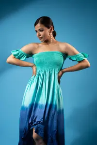 Summer Hot Trending <b>Women</b> <b>Wear</b> Rayon Tie Dye <b>Resort</b> Beach <b>Wear</b> Off the Shoulder High Low Designer Summer Party <b>Wear</b> Dress - Product Image 4