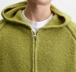 2025 Men <b>Lightweight</b> Olive Green Boucle Knit Full Zip Winter Hoodie Sweater <b>Cardigan</b> Button Accents Solid Pattern Men's Hoodies - Product Image 5