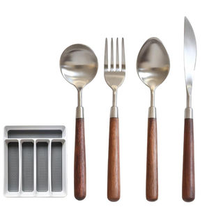 Ensemble de couverts en acier inoxydable pour hôtels et restaurants, avec manche en bois de noyer et finition argentée, couverts écologiques - Product Image 1