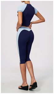 Navy <b>Blue</b> Color Blocking Yoga Set High Waist Calf-Length Leggings Spaghetti Strap Sports <b>Bra</b> Seamless Activewear Two Piece - Product Image 4