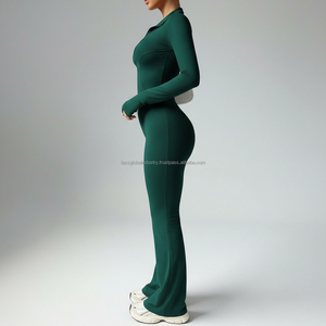 ชุดจั๊มสูทโยคะแขนยาวแบบสั่งทำ OEM สำหรับผู้หญิง ซิปยาวด้านหน้า ขาบาน ชุดบอดี้สูทแบบมีรูสำหรับนิ้วโป้ง ชุดรอมเปอร์ออกกำลังกาย ทรงเข้ารูป ชุดออกกำลังกายแบบเต็มตัว - Product Image 3