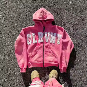 เสื้อฮู้ดดี้ทรงโอเวอร์ไซส์แบบซิป CustomLogo สำหรับผู้ชาย ลวดลายฟอกสีซีดแบบย้อนยุค พร้อมป้ายปะติดและงานปัก - Product Image 4