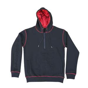 Survêtement avec point contrasté et logo en relief personnalisé polaire noire avec coutures rouges capuche doublée en satin sweat à capuche et jogging - Product Image 1