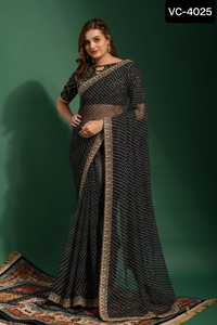 Vêtements ethniques indiens Designer Bandhani Imprimé et Broderie Travail en Dentelle Georgette Mousseline de Soie Saree avec Chemisier Pièces pour Femmes - Product Image 5