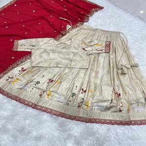VASTRA COTTAGE Beautiful Paithani <b>Silk</b> Lehenga Choli Stitched Embroidery Sequins Cutwork Lace Blouse Chinnon <b>Silk</b> Dupatta - Product Image 5