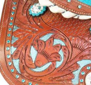 Vente en gros de selles en daim turquoise de qualité supérieure style occidental anglais sculptées à la main équipement d'équitation en cuir véritable - Product Image 6