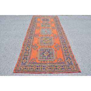 Alfombra turca Vintage azul naranja tradicional 4,7 X 11.3ft Classic Boho Patchwork diseño lana 10mm látex clásico para pasillo - Product Image 1