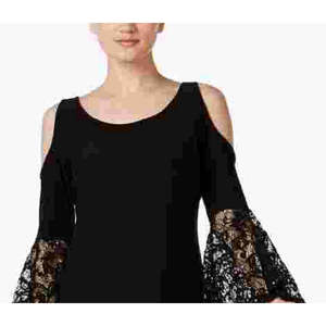 Robe de cocktail noire R&M Richards pour femme, coupe droite, épaules dénudées, manches cloche en dentelle, col rond, longueur genou, petite taille 12 - Product Image 2