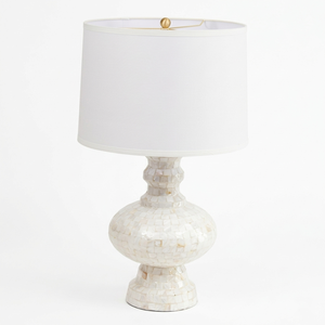 White Mother-of-Pearl Inlay Table Lamp with Fabric Drum Shade, Mid-century Design for Bedroom Decorative <b>Lighting</b> - Product Image 4
