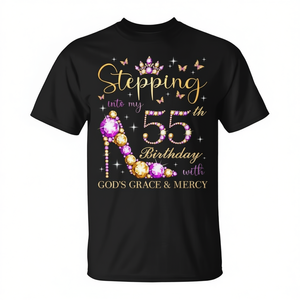 T-shirt con stampa digitale a maniche corte girocollo unisex per adulti con scritta "Stepping Into My 55th Birthday With God's Grace Mercy" - Product Image 3