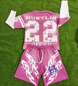 Ensemble survêtement en jersey personnalisé T-shirt à manches doubles avec sérigraphie de détresse Ensemble t-shirt short à manches longues Boxy délavé à l'acide - Product Image 4