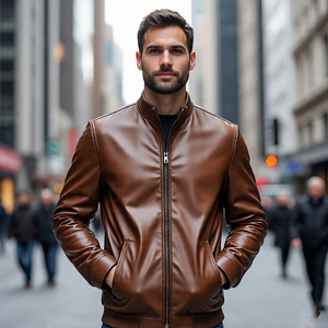 Col design à quatre poches zippées pour hommes coupe ajustée Vestes en cuir véritable | Veste en cuir de vache coupe-vent pour hommes Logo personnalisé - Product Image 2