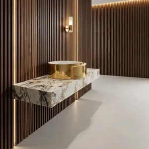 Étagère murale en porcelaine effet marbre blanc brillant de haute qualité, veines dorées et grises, comptoir d'évier de navire fabriqué en Italie - Product Image 6