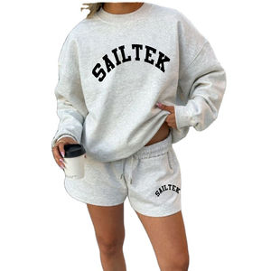 Ensembles courts décontractés solides pour femmes en gros de haute qualité Spandex/Polyester personnalisé 2 pièces sweat à col rond short respirant - Product Image 5