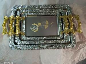 Assiette de service moderne, élégante et argentée avec poignées dorées, détails artistiques pour mariages et dîners Diwali - Product Image 2