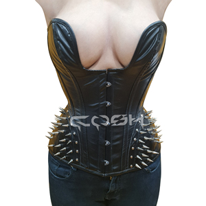 Corset gothique punk noir en cuir à pointes, avec baleines en acier, coupe overbust et décolleté plongeant en U profond, pour Halloween - Fournisseur de corsets - Product Image 1