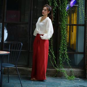 Pantalon décontracté en lin et soie pour femme avec taille moyenne devant plat et pantalon ample à jambe large - Product Image 5