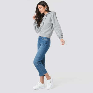 Sweat à capuche court gris chiné pour femmes 100% coton surdimensionné Streetwear pull décontracté goutte épaule recadrée sweats à capuche pour femmes - Product Image 4