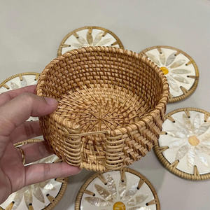 Adorable Daisy Design Round Rattan Wrapped Mother Of Pearl Coaster Set Natural Woven Shell Inlay Table <b>Accessory</b> for <b>Home</b> Decor - Product Image 6