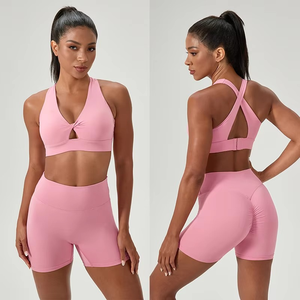 Conjunto de Yoga informal de 2 piezas para mujer, cintura alta, ajustado, tejido elástico, pantalones cortos para correr, sujetador, Tops, traje de gimnasio, ropa de entrenamiento de verano - Product Image 6