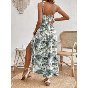 Women's Strappy V-Neck Waistband <b>Lace</b> Floral Pattern Side Slit Maxi Supreme Dress, 35585 - <b>Green</b> - Product Image 2