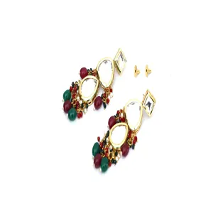 Juego de Joyería Fina de Lujo con Incrustaciones de Polki Kundan Rojo y Verde, Chapado en Oro con Circonita y Perla para Regalos - Product Image 4