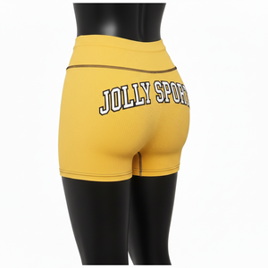 Shorts deportivos para mujer, 240 GSM, tela premium de poliéster y spandex, color amarillo, corte atlético, logotipo bordado. - Product Image 5