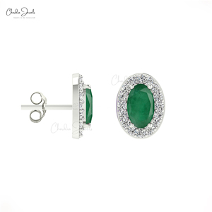 Handmade 14k Solid Gold Diamond Halo <b>Studs</b> 5x3mm Oval Cut <b>Emerald</b> Gemstone Bridal <b>Studs</b> May Birthstone Jewelry - Product Image 4