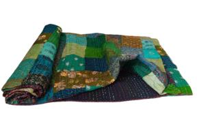 Green Vintage Patchwork Kantha <b>Quilt</b> Handmade Silk Saree Throw Reversible <b>Blanket</b> Bohemian Home Decor - Product Image 4