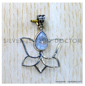 Lotus Design 925 Sterling Silver Pendant With Pear Cut Rainbow Moonstone Gemstone In Bezel Setting Handmade Fine Jewelry <b>Gift</b> - Product Image 1