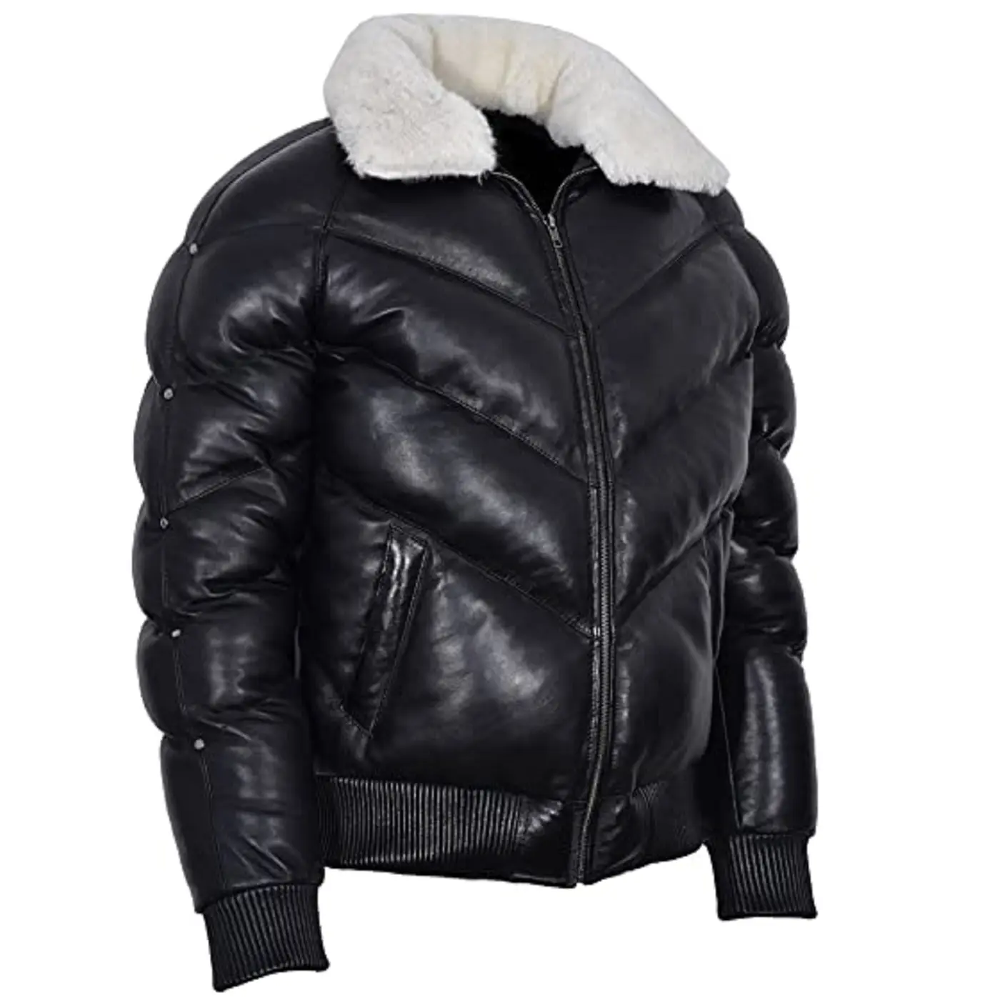 Men's Puffer Jacket Real Leather Black winter warm Real Sheep Fur collar bomber pilot aviator leather jacket