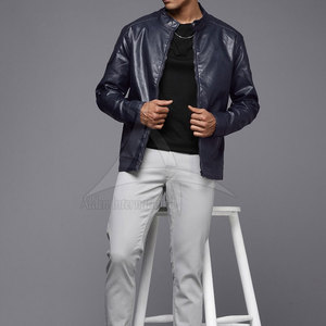 Veste en cuir de vache véritable pour homme, coupe ajustée, taille personnalisée, col montant, logo frontal, respirante, style streetwear, vente chaude - Product Image 3