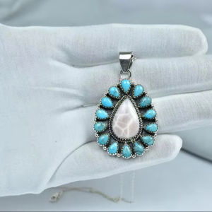 ทำด้วยมือ18นิ้วปรับโซ่ทองชุบชมพู Larimar เงินสเตอร์ลิงจี้อัญมณีสีเขียวขุ่นสร้อยคอ - Product Image 1