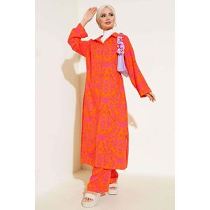 Ensemble 2 pièces de tunique longue à motif ethnique orange fuchsia pour femmes - Product Image 2
