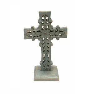 Hollow Out Wooden Pedestal Cross Table Altar Church Decor Religious Favor Standing Crucifix with Base