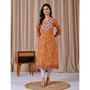 Kurti droit en coton jaune imprimé au bloc, style décontracté pour le club, conception personnalisée ODM, respirant et longueur au sol - Product Image 4