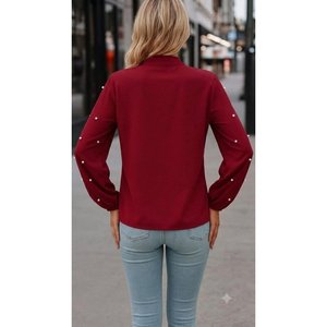 Women'<b>s</b> Long-Sleeved Imported Crepe <b>Blouse</b> with Bow Detail <b>and</b> Pearl Embellishments, 37312 - Red - Product Image 3