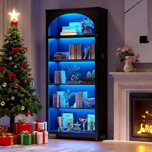 Libreria in Legno Illuminata con Arco Superiore, Scaffale Espositivo Aperto, Organizzatore per Casa, Ufficio e Negozio, Alta Libreria Nera - Product Image 6