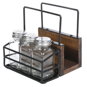 Caddy de mesa, servilletero de madera marrón y alambre de metal negro con 3 condimentos de vidrio/Salero y pimentero - Product Image 1