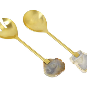 Mango de ágata de estilo americano de moda, acero inoxidable chapado en oro, servidor de ensalada duradero sostenible, juego de cubiertos, arte de la India - Product Image 1