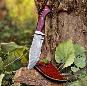 Couteaux de chasse en acier Damas en gros, couteaux à lame fixe pour le camping et le bushcraft avec étui en cuir fin, couteaux en acier personnalisés - Product Image 1