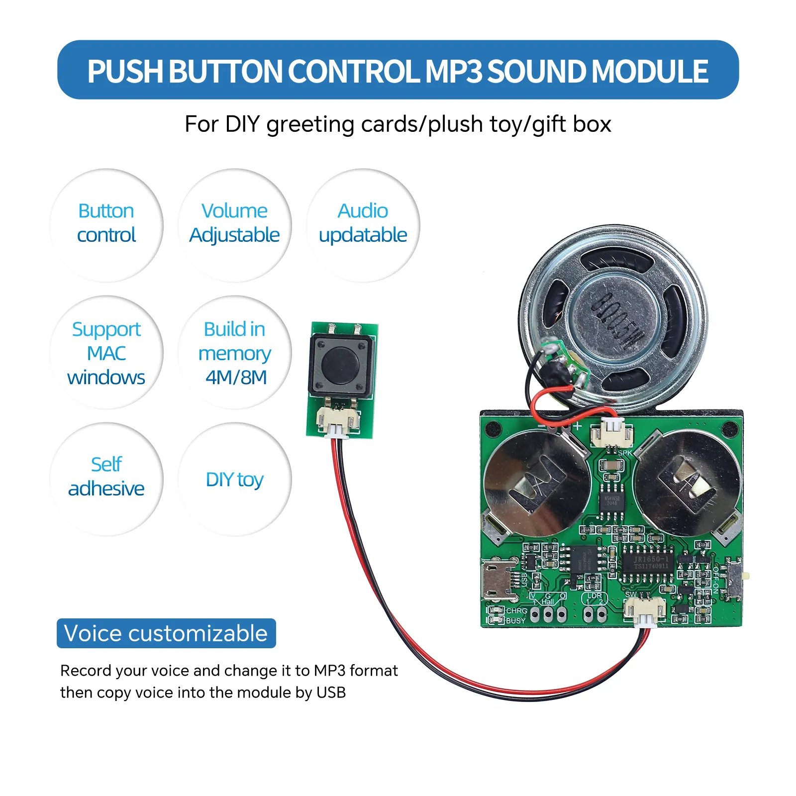 プッシュボタン付き充電式USBサウンドレコーダーモジュールMP3オーディオ再生おもちゃボイスレコーダースピーカー