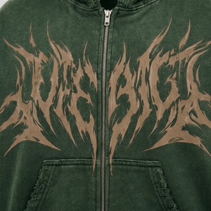 Sudadera con capucha verde desgastada con cremallera para hombre, estilo oversize, gráfico, de forro polar, informal, personalizada, a la moda - Product Image 3