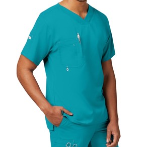 Uniforme d'infirmière à manches courtes pour hommes, col en V ouvert, 3 poches, couleur unie, avec boucle contrastée, uniforme d'hôpital à l'avant. - Product Image 5