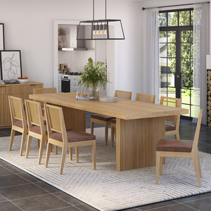 ชุดโต๊ะอาหารไม้สักแท้ 9 ชิ้น สไตล์โมเดิร์นฟาร์มเฮาส์ พร้อมเก้าอี้หนังพนักพิงหวาย 8 ตัว ฐานลายร่อง งานแฮนด์เมด เฟอร์นิเจอร์ตกแต่งบ้าน - Product Image 1