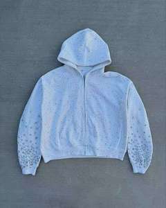Wholesale High Quality Organic Cotton Heavyweight Cropped Men's Hip Hop <b>Zip</b> up Rhinestone Crystal French Terry Hoodie - Product Image 1
